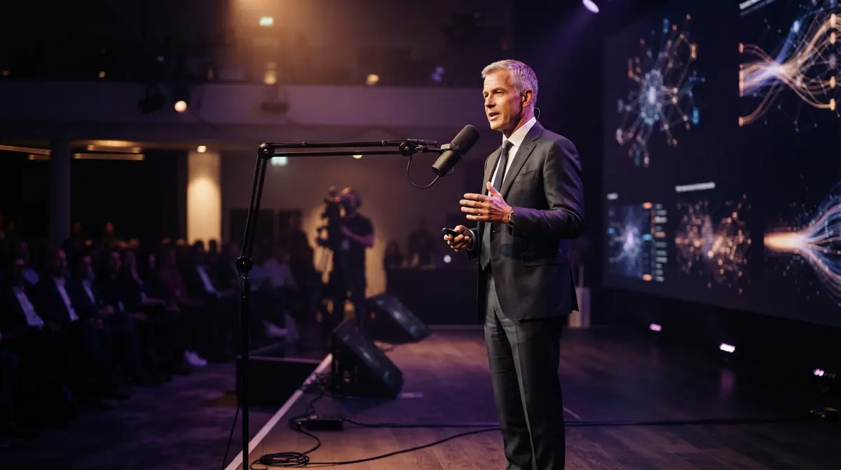 A technology executive speaking at a conference presentation.