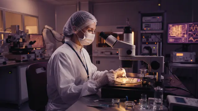 An engineer inspecting a high-density semiconductor wafer in a cleanroom environment.