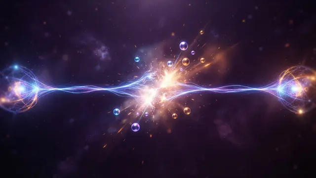 Conceptual rendering of quantum string breaking where an energetic filament snaps to produce new particle pairs