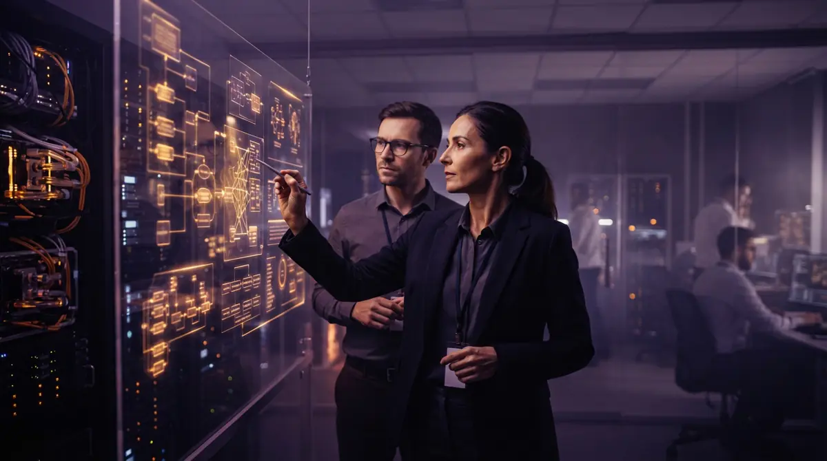 A modern machine learning research lab with servers and automated data loops visualized across transparent panels.