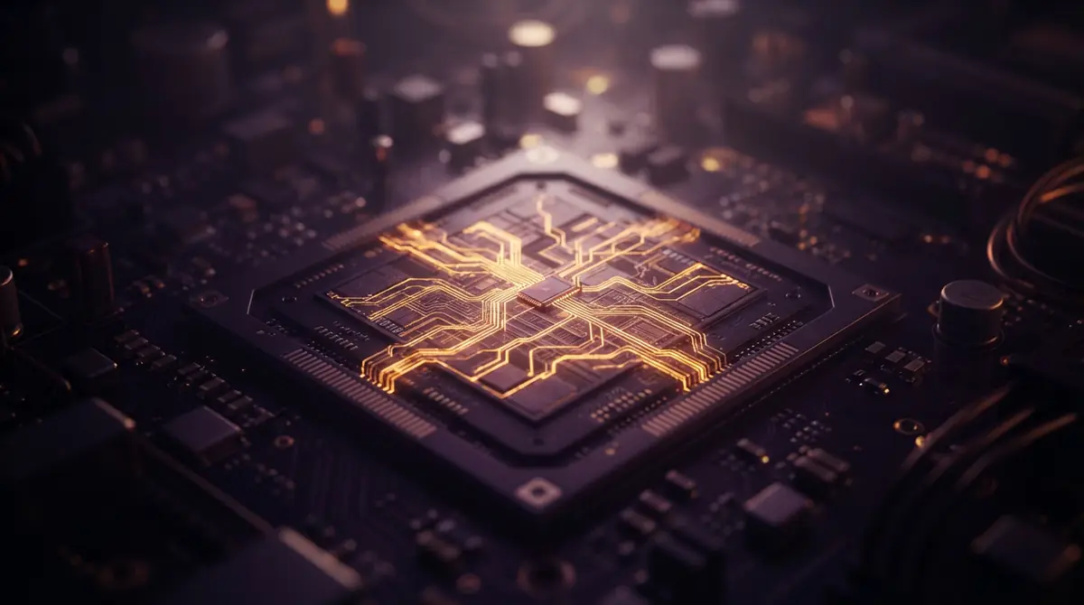 A close-up conceptual view of a compact computer chip with illuminated routing paths representing sparse mixture-of-experts logic.