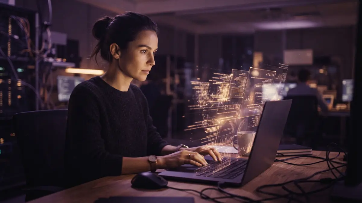 An engineer sitting at a desk operating a high-end laptop with complex code visual abstractions hovering above the screen.