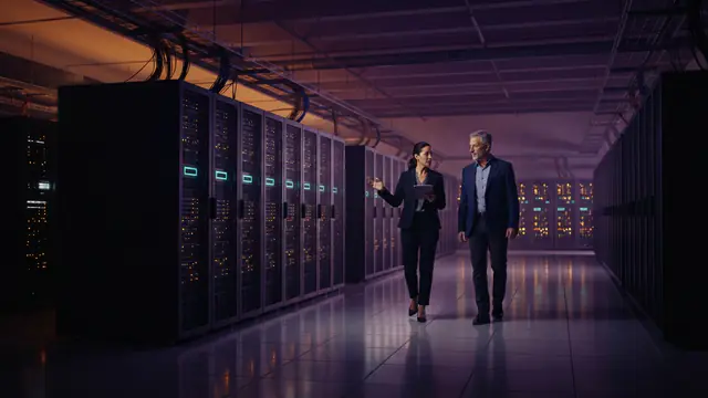 An illustration of a modern high-performance data center with illuminated server racks