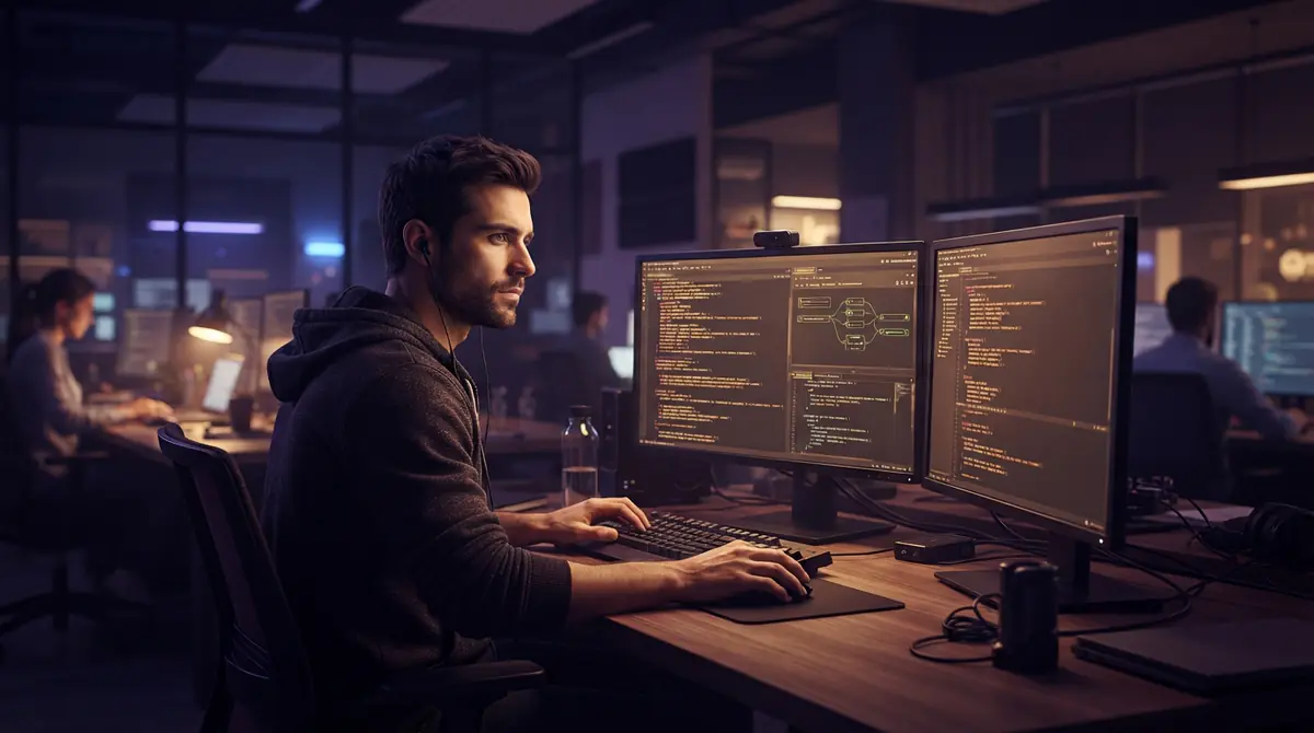 An AI-generated illustration of a programmer analyzing automated software development workflows.
