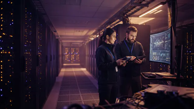 An AI-generated illustration of a data center housing advanced GPU server racks.