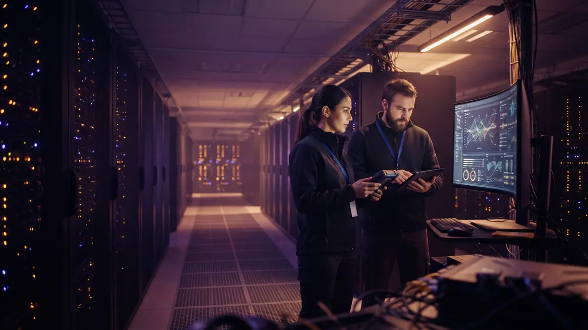 An AI-generated illustration of a data center housing advanced GPU server racks.