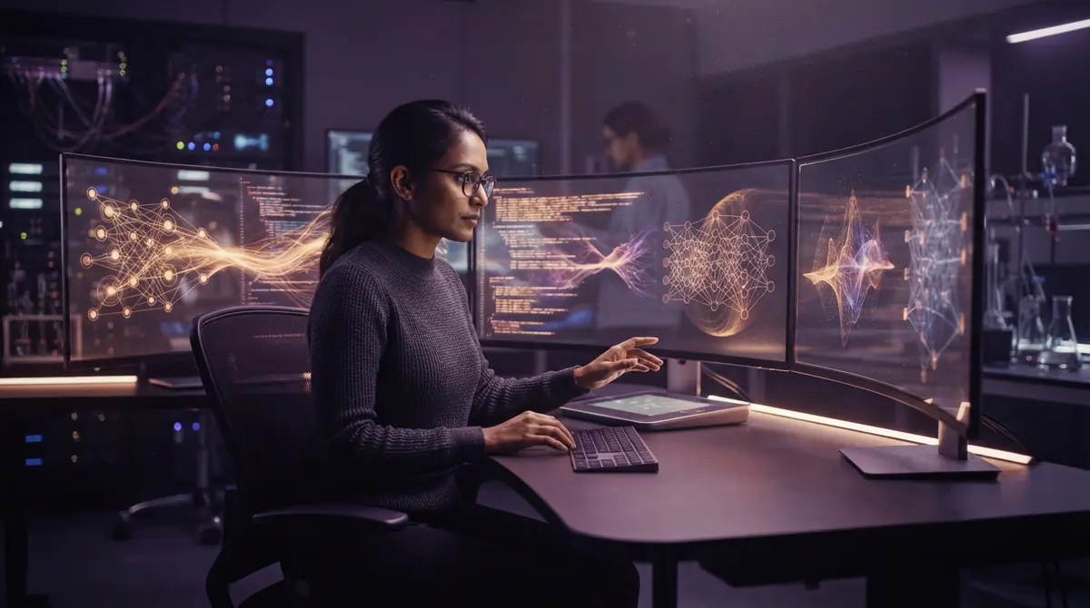Illustration of a machine learning engineer monitoring large-scale reinforcement learning training runs.