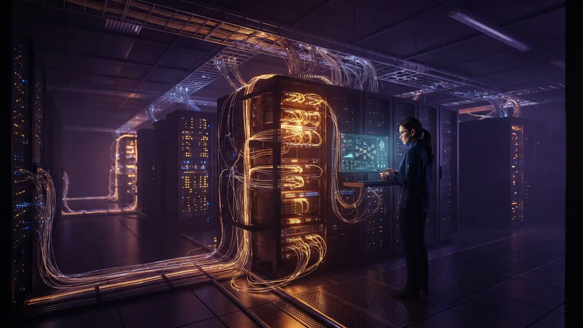 Illustration of a high-performance data center with illuminated compute clusters.