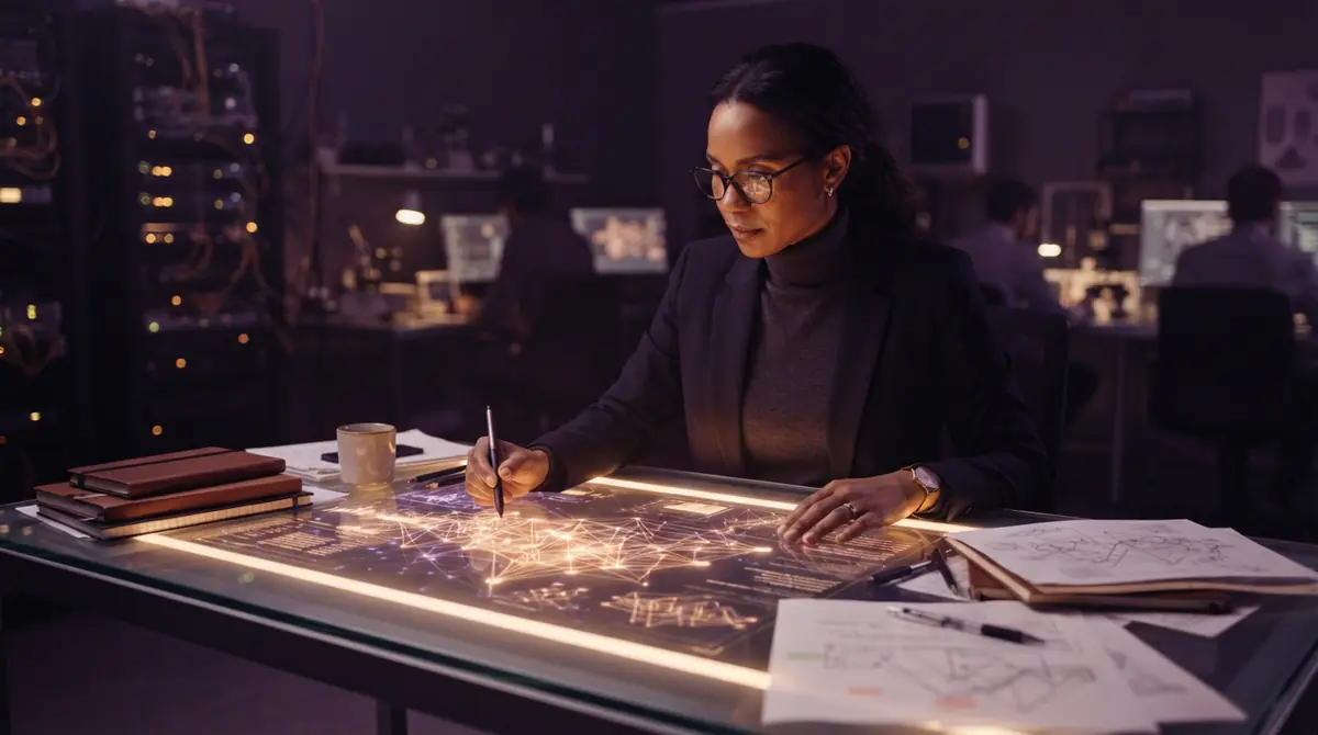 Illustration of interconnected graph networks and algorithmic structures on a research desk.
