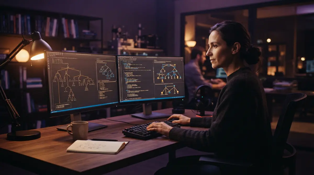 Illustration of formal proof verification code and mathematical trees on workstation screens.