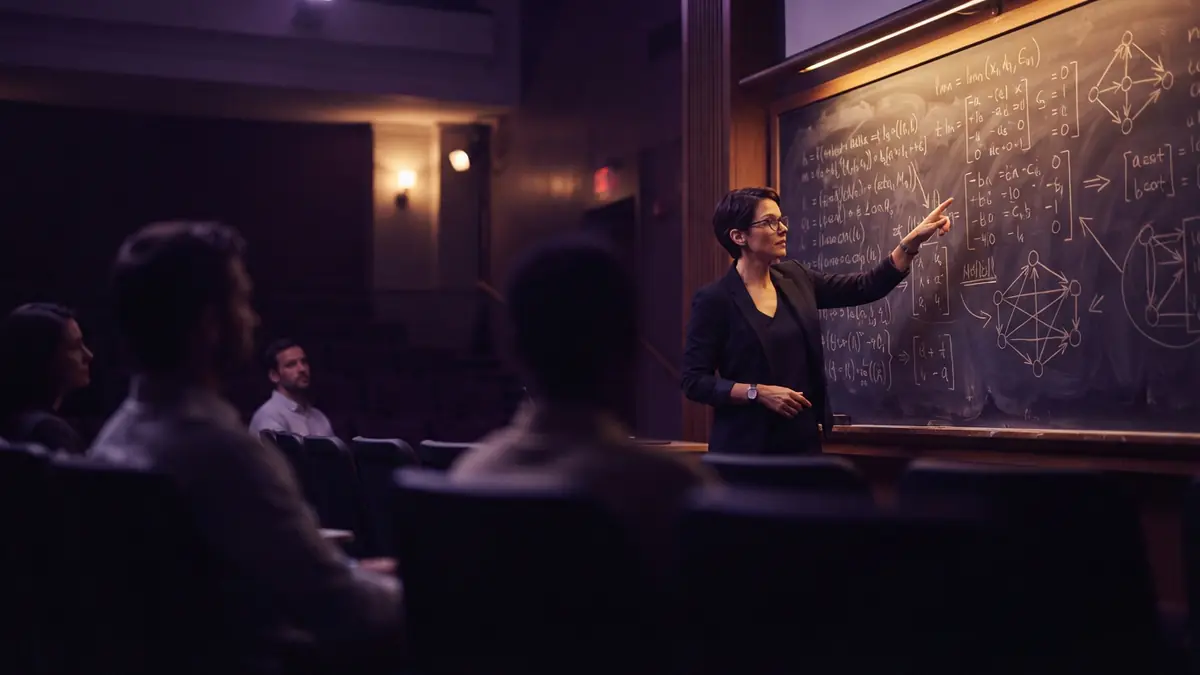 Illustration of an algorithm researcher presenting matrix multiplication and graph theory equations on a chalkboard.