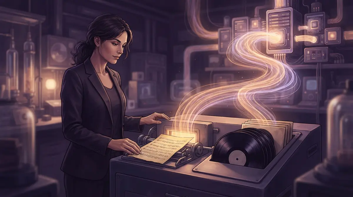 Illustration of musical scores being ingested into computational data systems