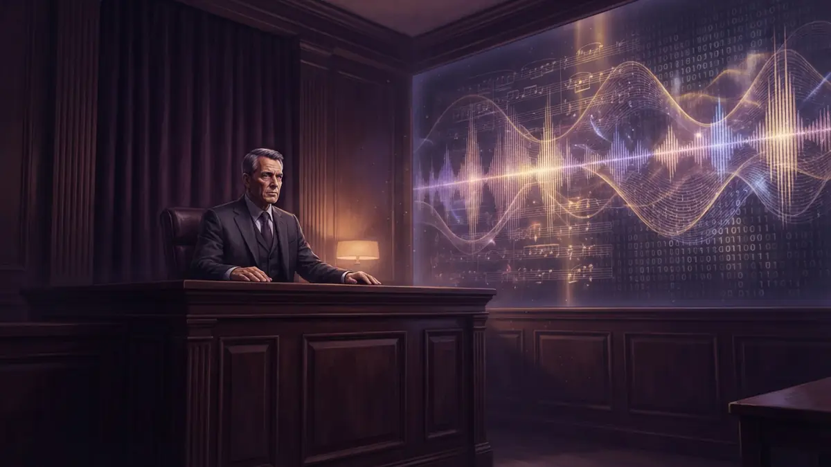Illustration representing legal proceedings over digital music and copyright