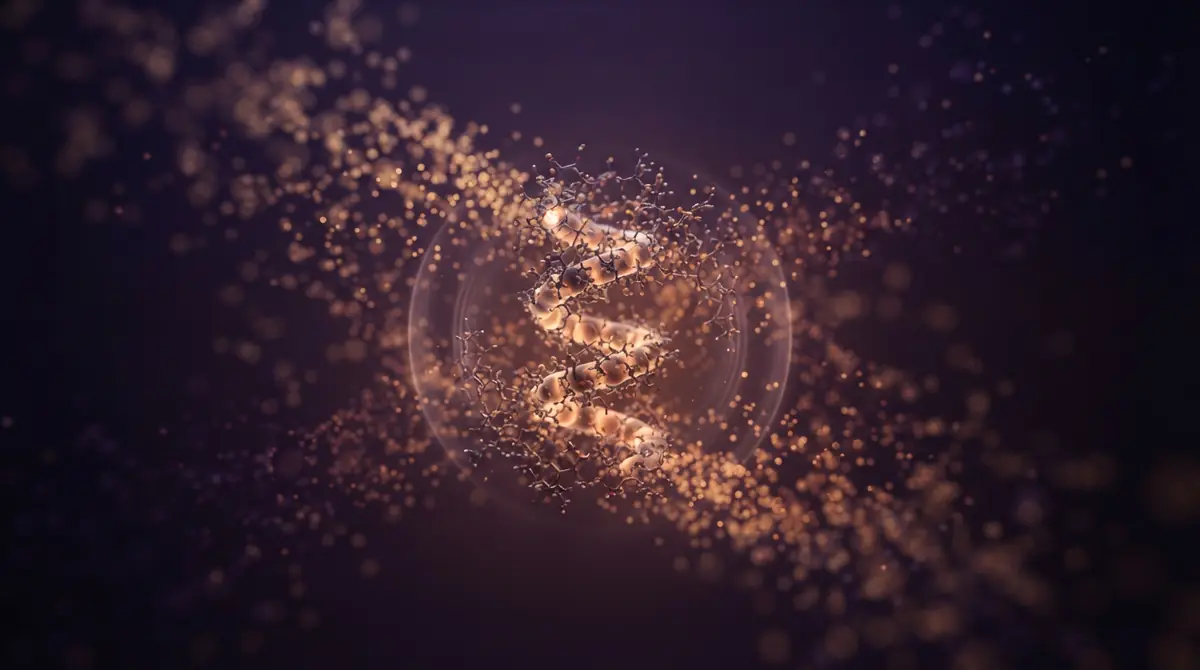 AI illustration depicting glowing atomic particles coalescing into a structured protein helix and active site