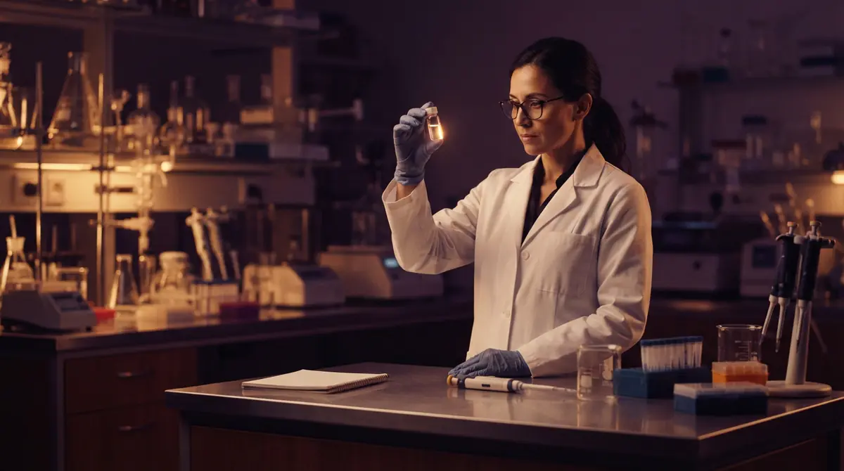 AI illustration of a laboratory researcher inspecting a vial of synthesized artificial enzymes