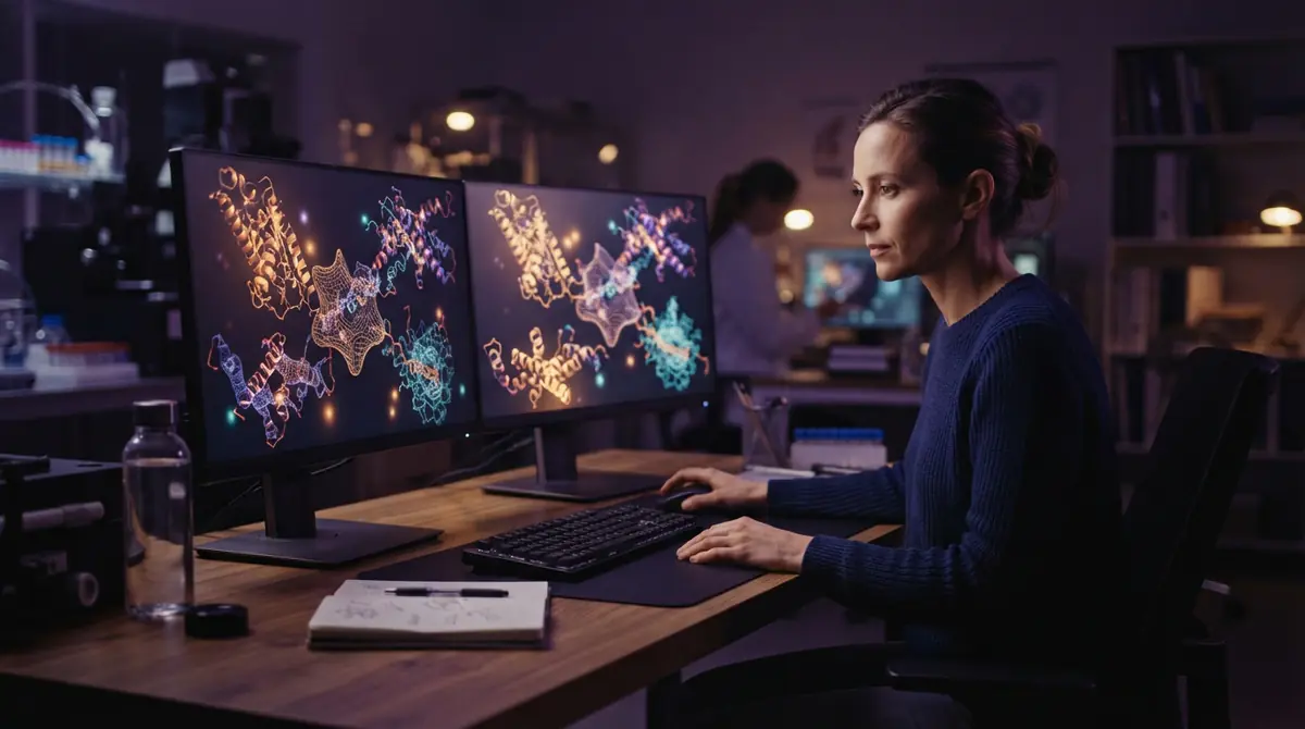 AI illustration of an academic computer workstation running biomolecular design models