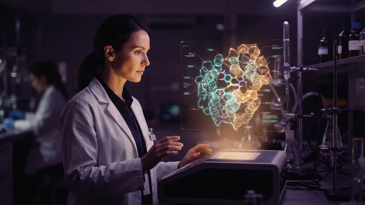 AI illustration of a scientist analyzing a 3D holographic model of a custom enzyme active site
