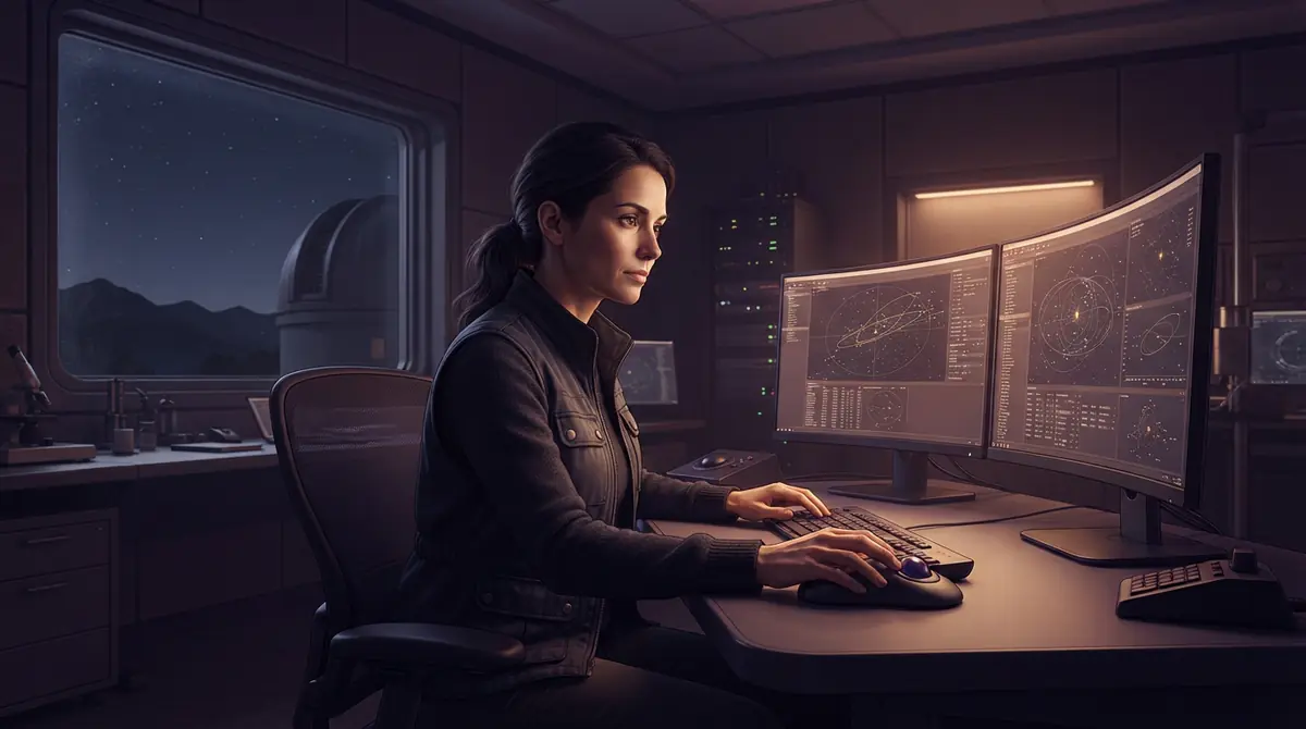 Illustration of a scientist analyzing astronomical data on glowing screens inside an observatory office