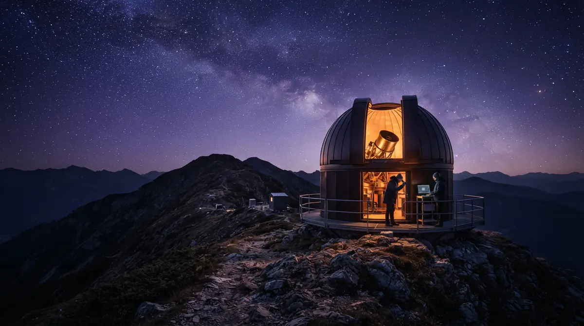 Illustration of an astronomical telescope facility stationed high on an arid mountain ridge at twilight