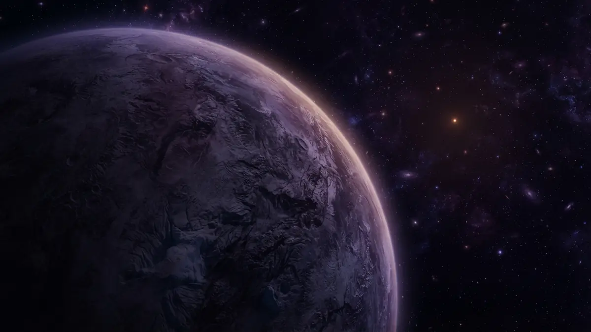 Digital illustration of an icy dwarf planet candidate orbiting in deep space beyond Neptune