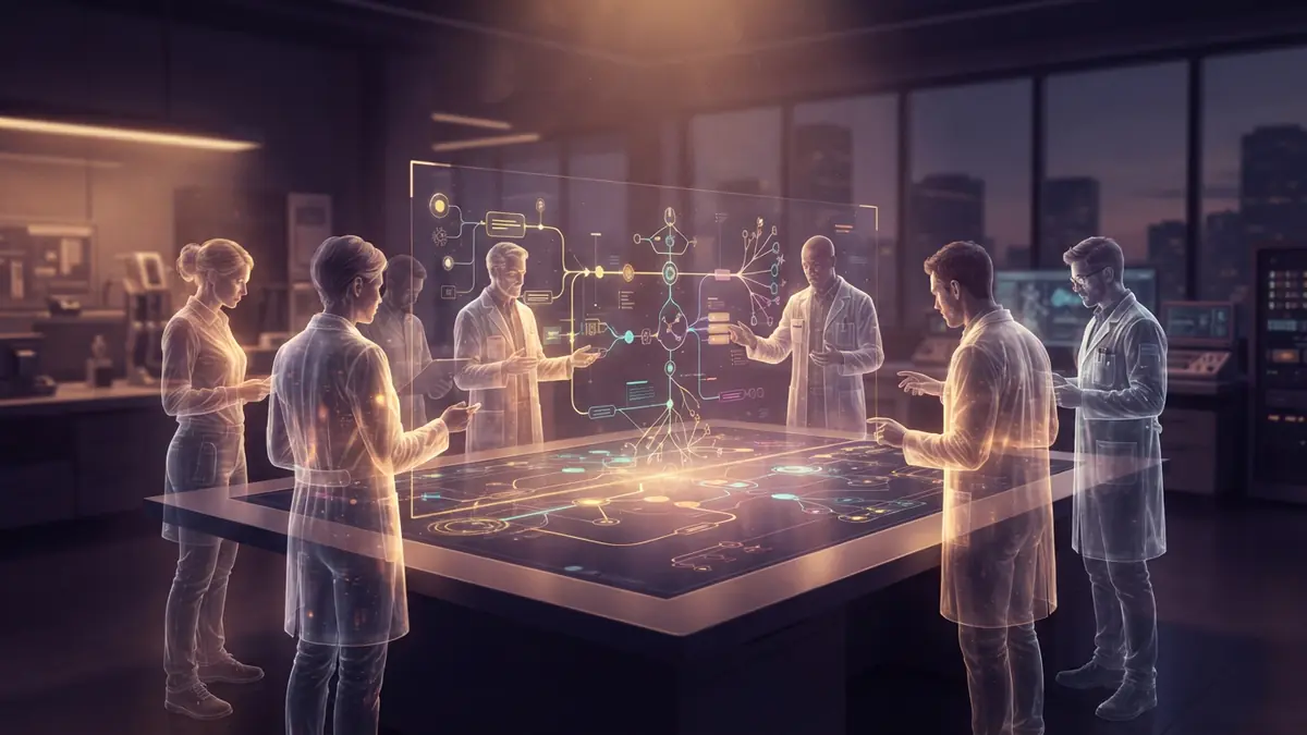 Illustration of autonomous digital agents collaborating to plan and inspect workflows.