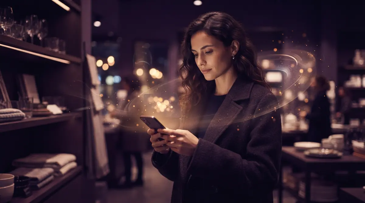 An illustration of a consumer interacting with mobile notifications while shopping