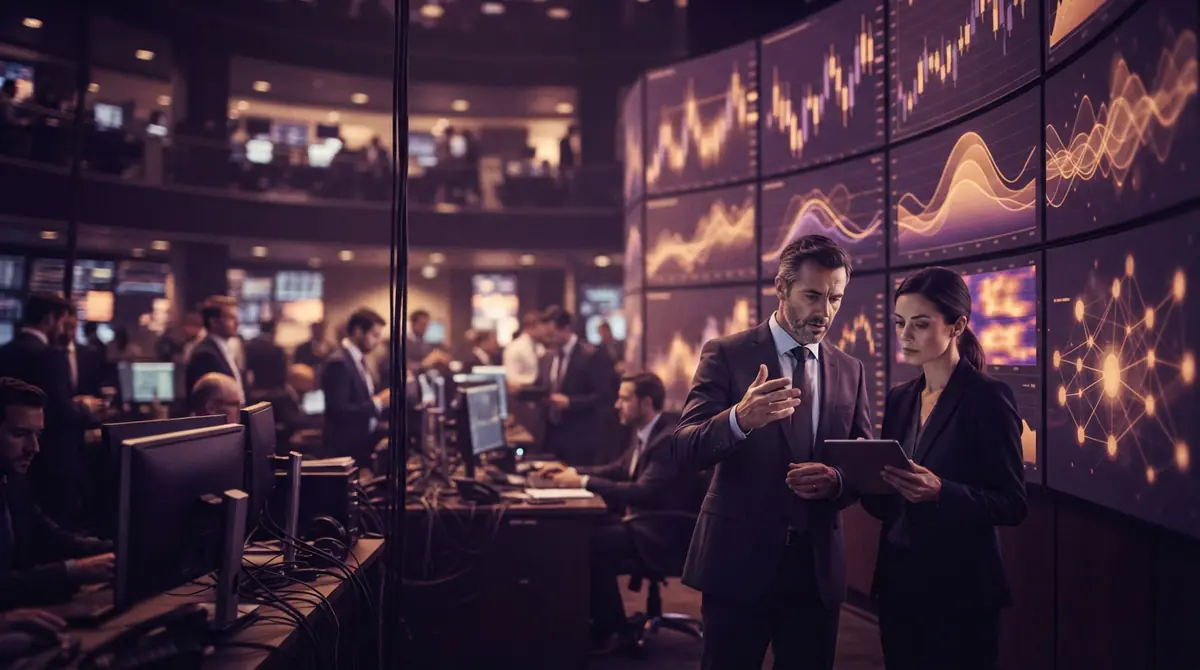 An illustration of stock market traders monitoring financial feeds on an exchange floor