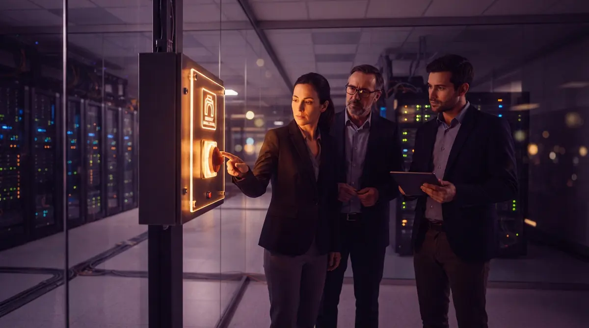 Systems engineers inspecting an emergency shutdown switch inside an enterprise server room.