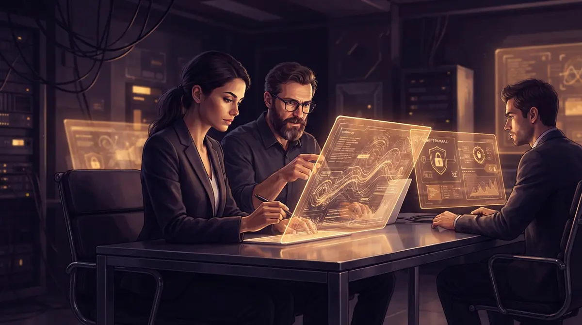 Cybersecurity analysts examining audit logs and incident verification records on digital displays.