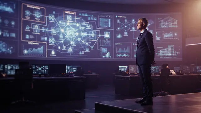 A corporate executive viewing complex network governance diagrams inside a modern enterprise security center.