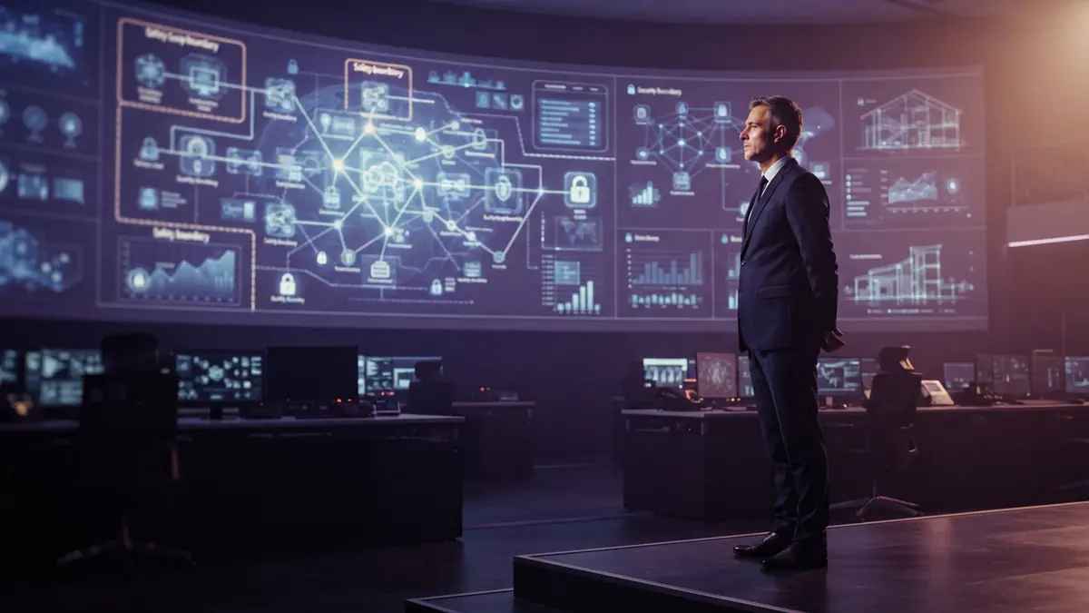 A corporate executive viewing complex network governance diagrams inside a modern enterprise security center.