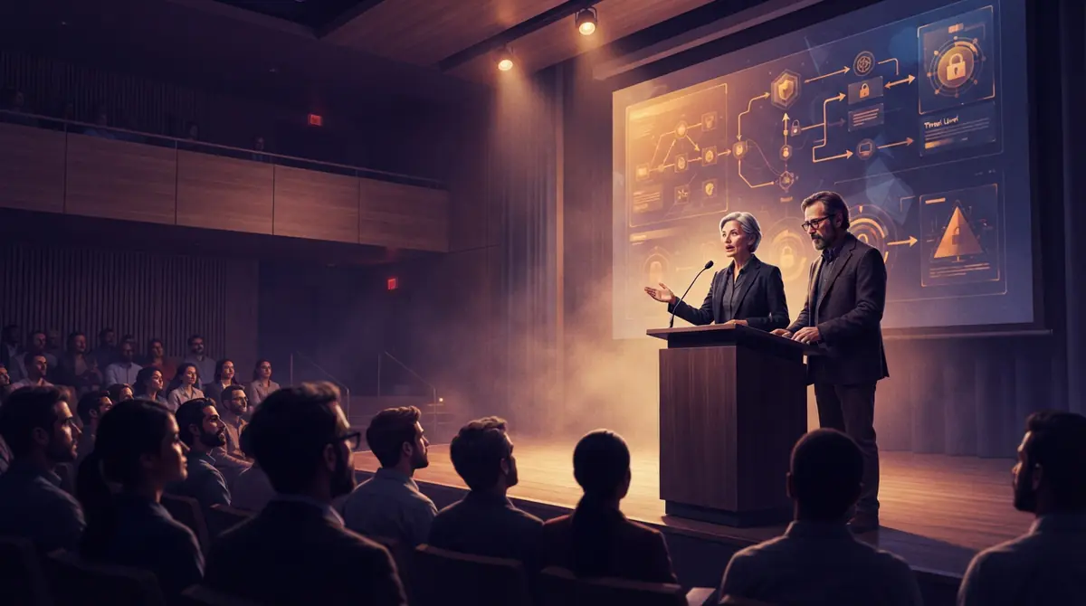 Illustration of academic researchers presenting technical findings in a lecture hall.