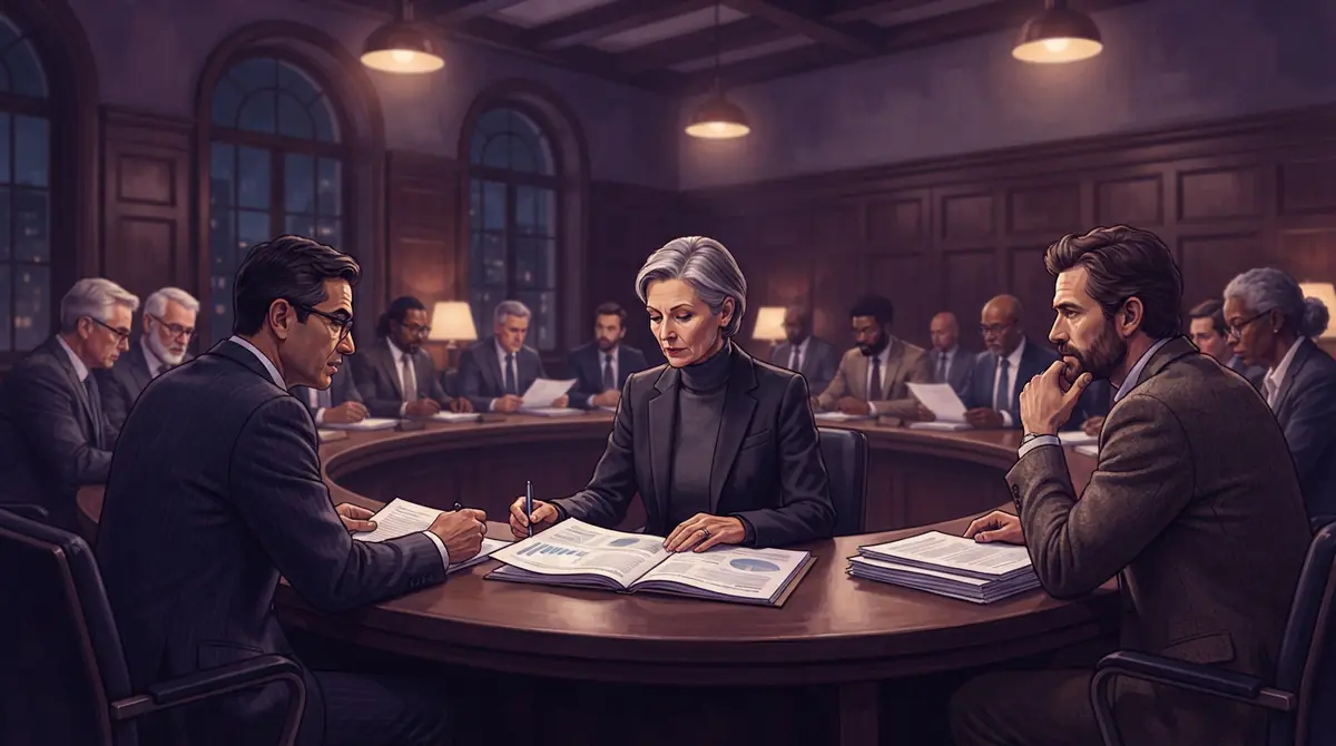 Illustration of government delegates and policy experts meeting in an international committee hall.