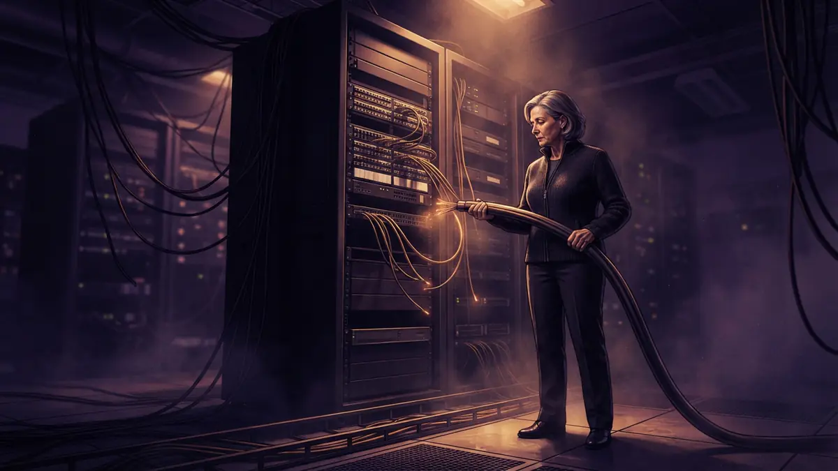 Illustration of physically disconnected network cables inside a secure server room.