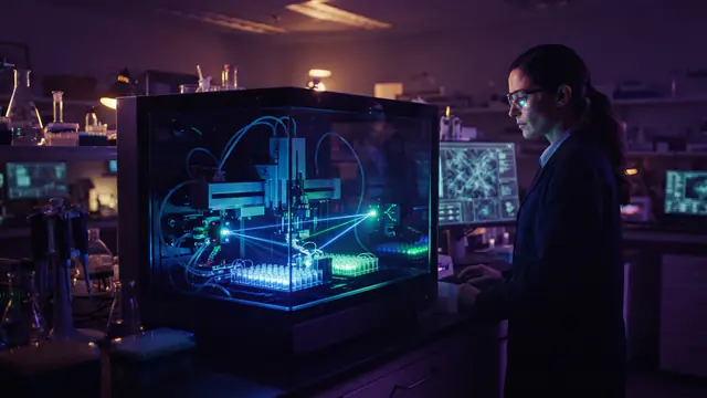 Automated DNA sequencing laboratory equipment glowing under optical sensors