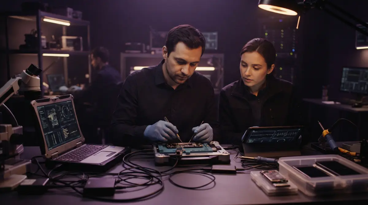 Digital illustration of electronic devices being analyzed in a forensic laboratory