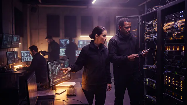 Digital illustration of law enforcement cyber specialists examining forensic network data in a control center