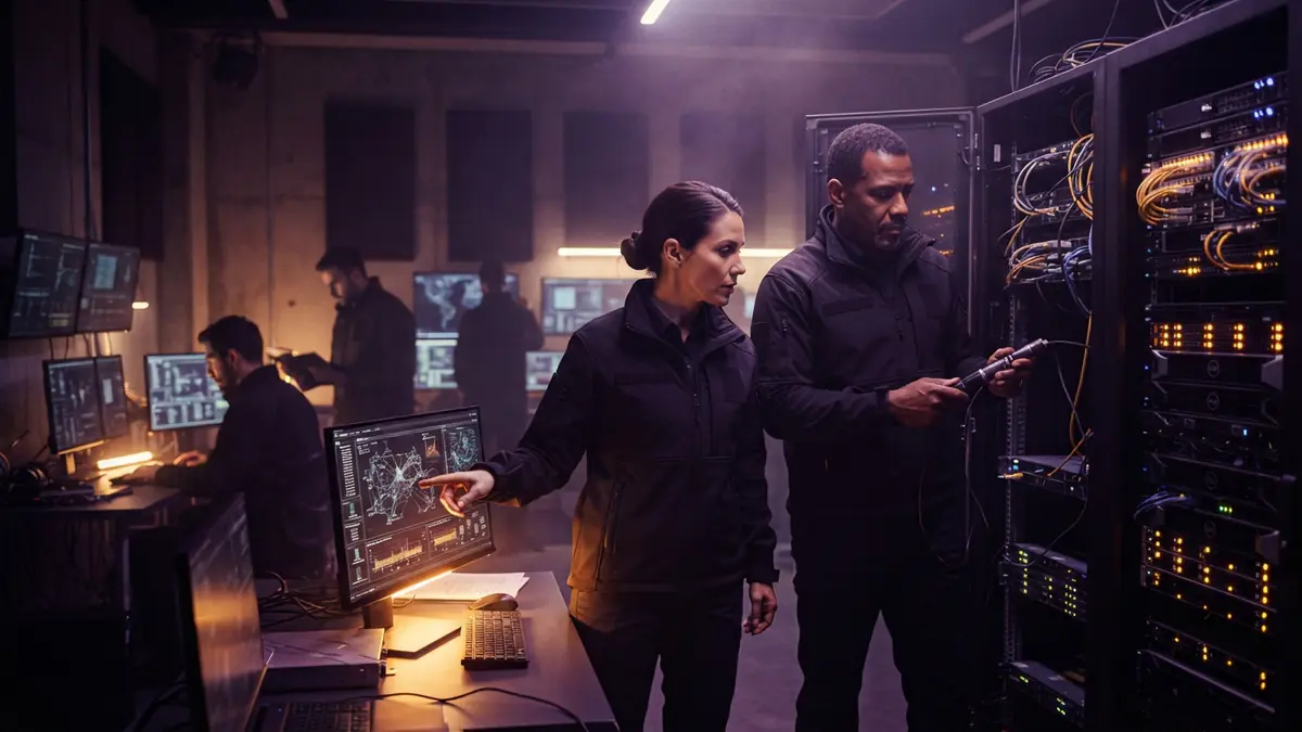 Digital illustration of law enforcement cyber specialists examining forensic network data in a control center