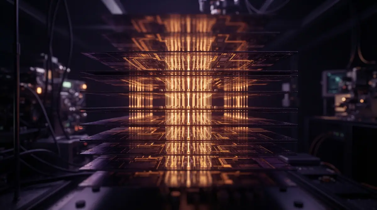 A conceptual rendering of high-bandwidth memory chip architecture.