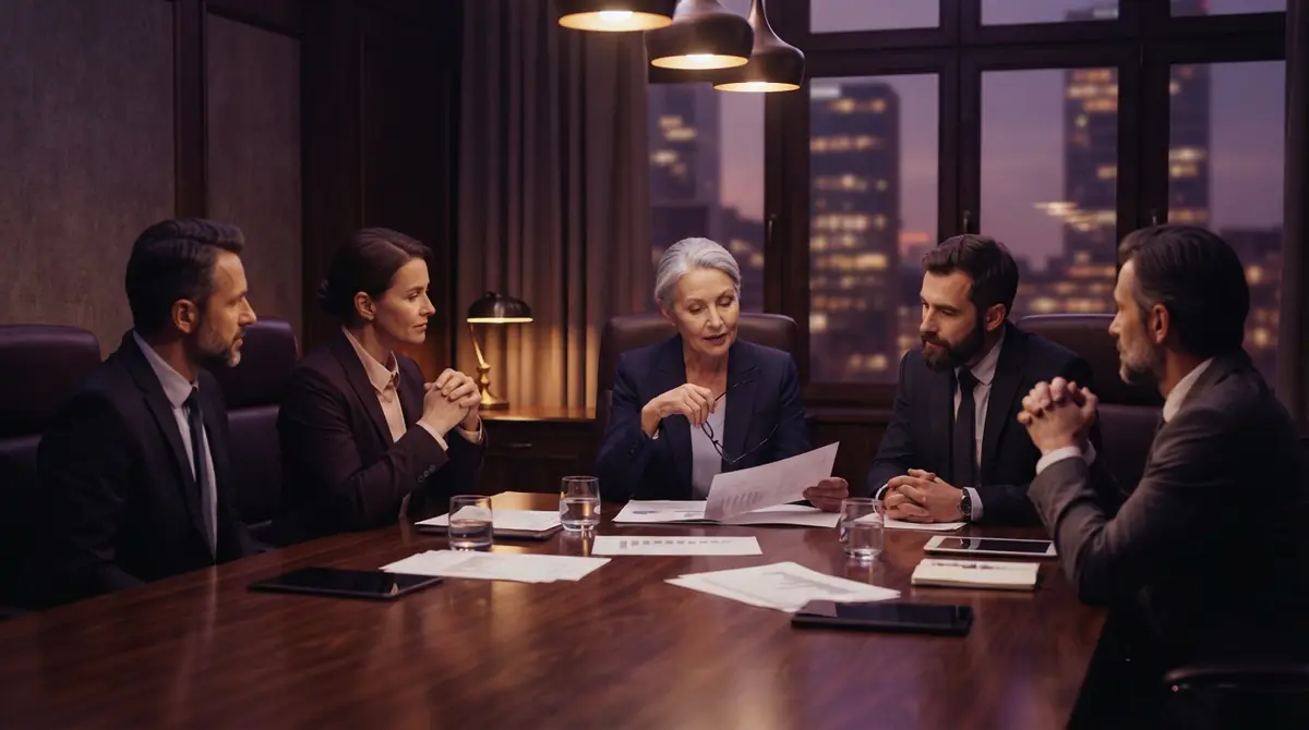 Corporate board members meeting in a conference room.