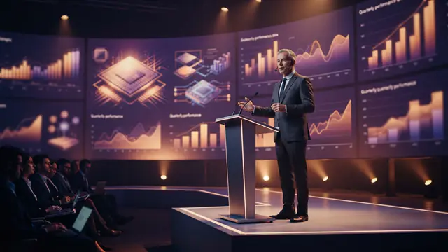 A corporate technology executive delivering a financial presentation on stage.