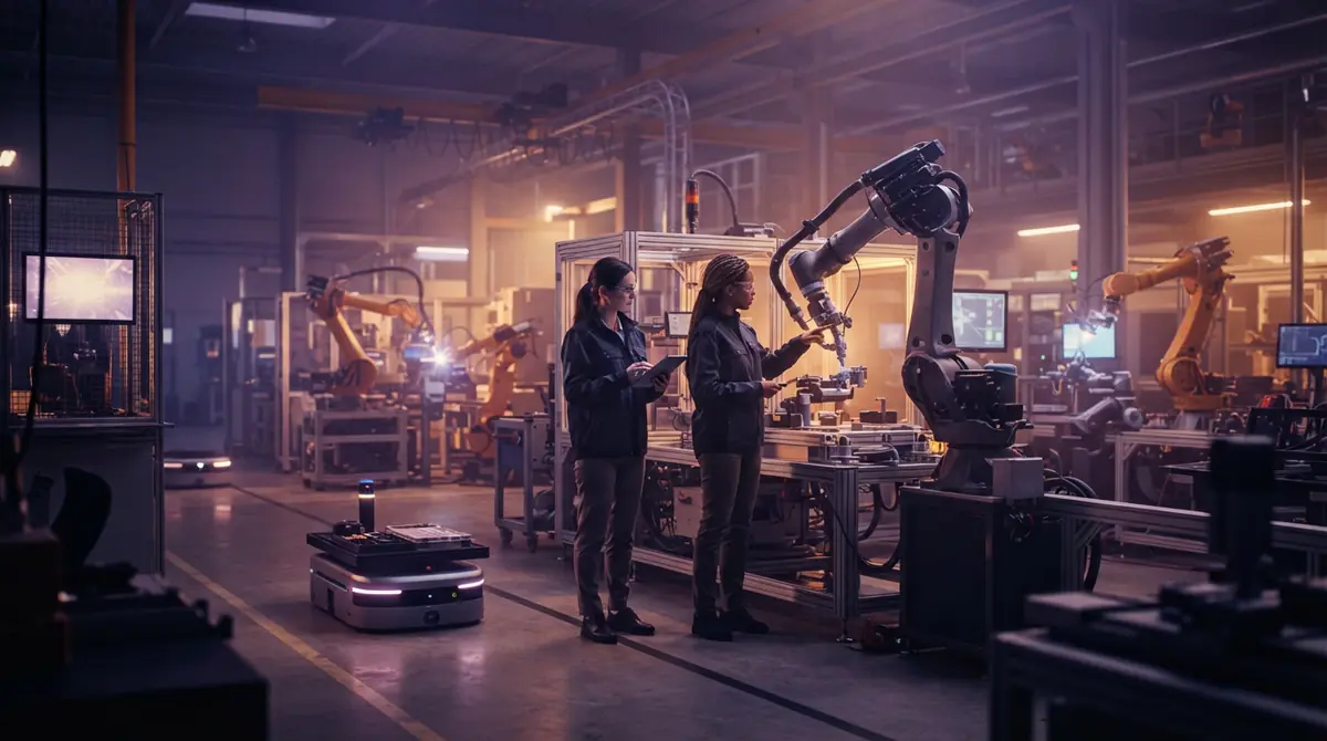 Illustration of robotic automation systems operating inside an advanced industrial manufacturing facility