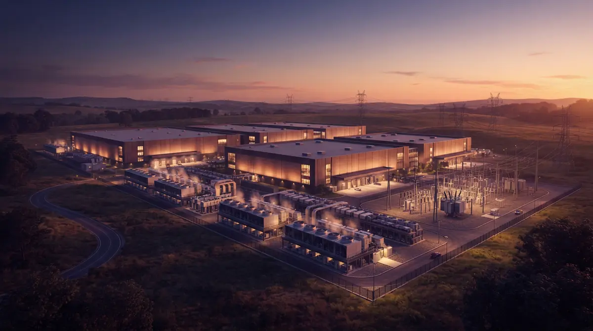 Illustration of a massive modern data center campus with electrical infrastructure during sunset