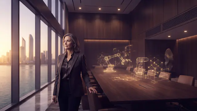 Illustration of an investment meeting setting overlooking a modern Gulf cityscape with conceptual technology blueprints