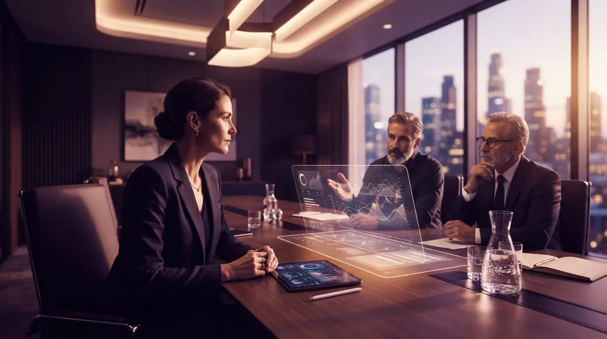 Financial investment charts and documents on an executive conference table