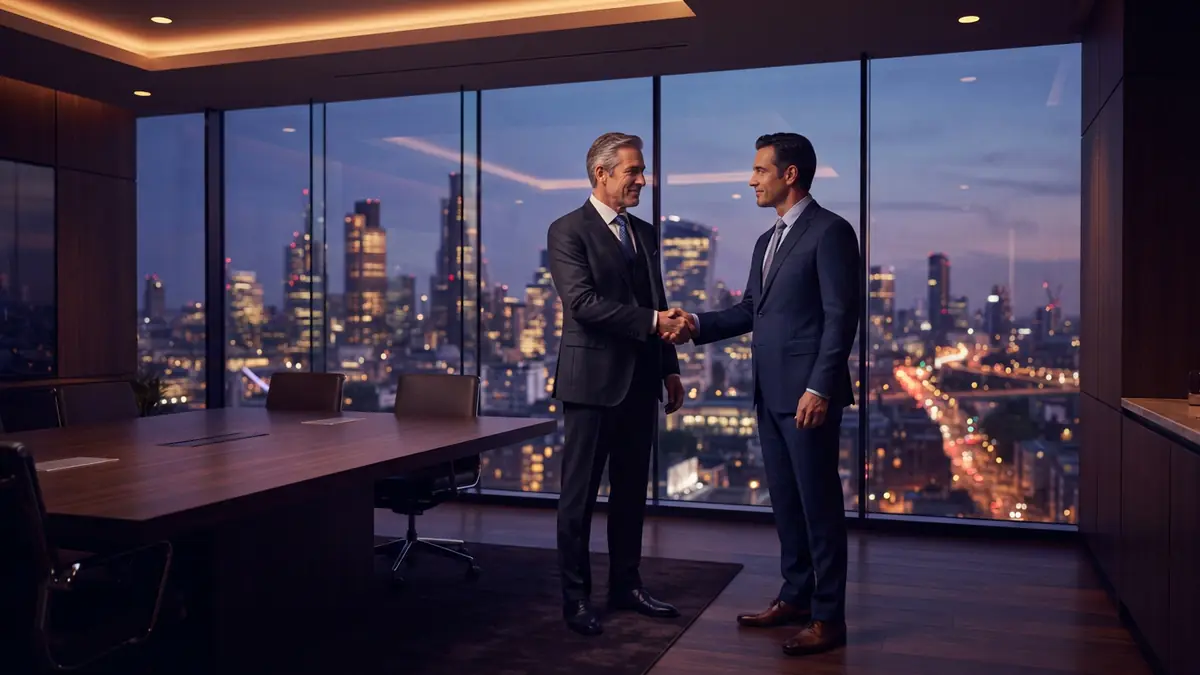 Two corporate executives shaking hands in a boardroom overlooking a city skyline