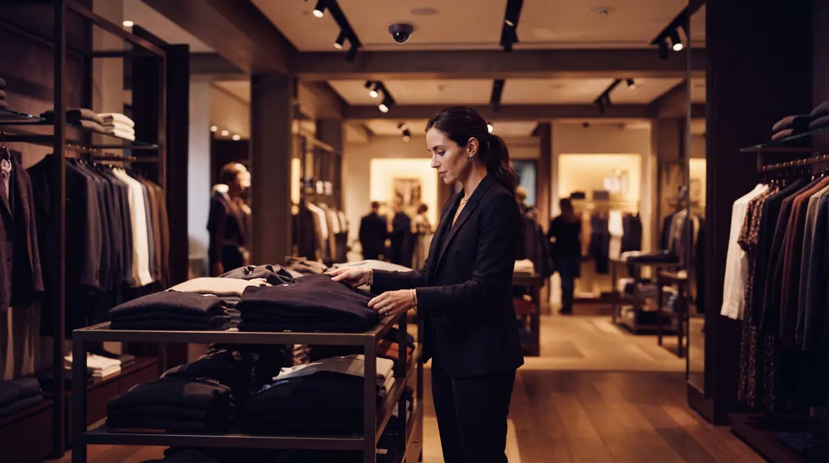 A store manager working in a retail storefront equipped with surveillance cameras.