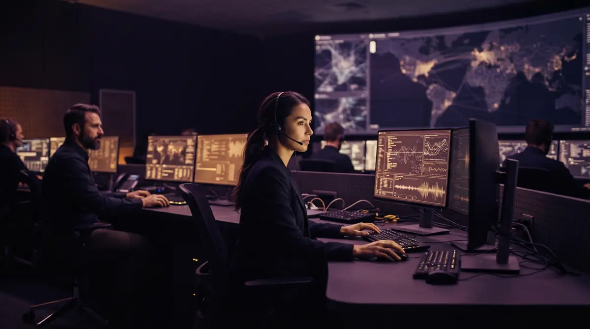 Security operators monitoring computer displays in a centralized security control room.