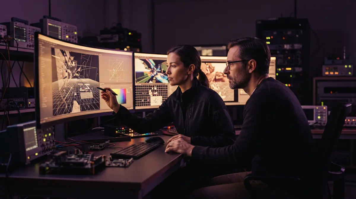 Engineers examining image reconstruction algorithms on high-resolution displays