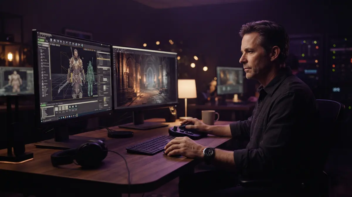 A video game developer evaluating graphics rendering fidelity on studio monitors